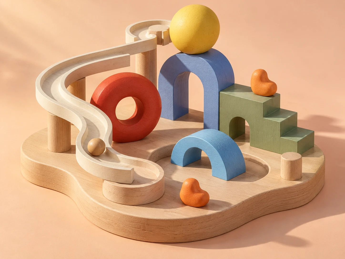 A miniature wooden playground with a winding marble run, colorful arches, and a yellow ball.